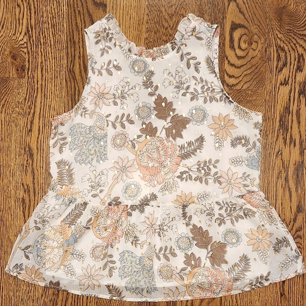 LOFT Petite Shimmer Floral Tie Back Peplum Shell | Women's XSP | # 533305 EUC